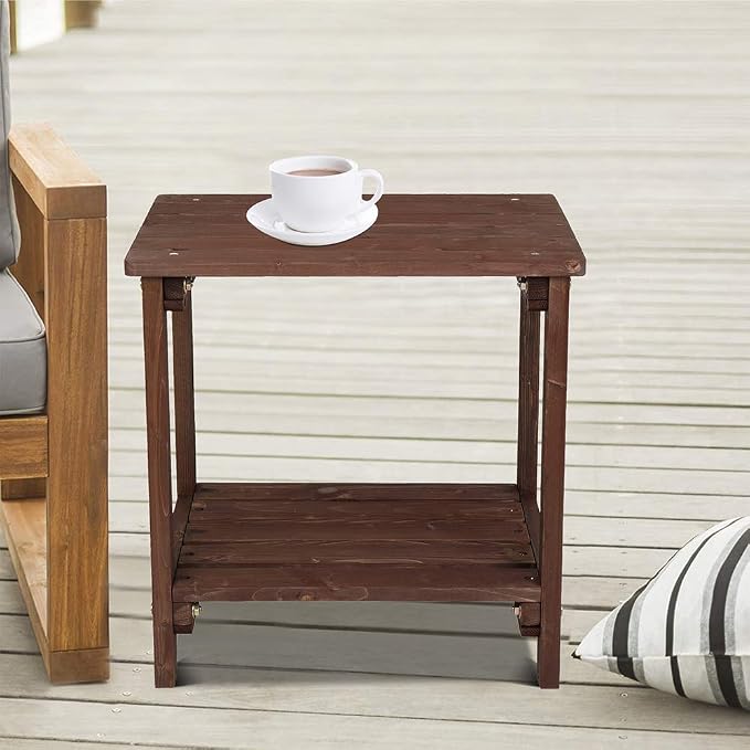 Patio Coffee Bistro Side Table,Indoor Outdoor Small Wooden Rectangular Side End Table,Modern Wood Bedside Table,with Shelf,for Garden Yard Lawn Balcony (Brown)