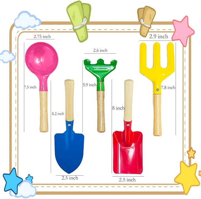 Gardening Tools Set, 5PCS Gardening Tools Metal with Sturdy Wooden Handle Safe Gardening Tools 8" Beach Sandbox Toy