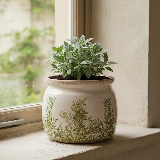 Xiaan Jiaju Cottagecore Ceramic Vase and Planter, Small Herb Pots with Drainage for Indoor Plants, Country Rustic Flower Pot for Kitchen Windowsill Tabletop, Farmhouse Home Decor Gift, Cottage Fern