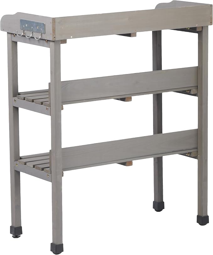30" Outdoor Potting Bench Table with Metal Tabletop, Wooden Potting Table, 3 Tier Garden Work Bench Shelf with Hooks & Adjustable Feet for Patio Porch Balcony, Grey