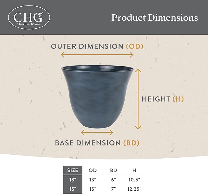 Classic Home and Garden by Growscape Honeysuckle Resin Planters - Lightweight Indoor & Outdoor Plant Pots - UV-Resistant Plastic Flower Pots - Pot Planters for Flowers & Herbs (15" Blue Jean)