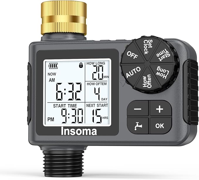 Water Timer for Garden Hose with Brass Inlet, 1 Outlet Sprinkler Timer with Auto/Manual/Rain Delay Mode, Large LCD Display, Easy Programming Hose Timers for Lawn Garden Yard Vacation Watering