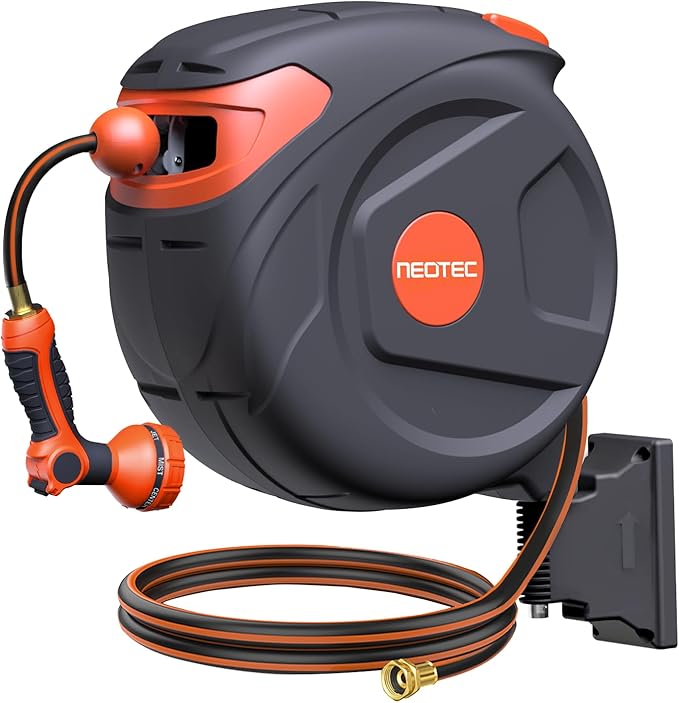 New Retractable Garden Hose Reel 5/8 inch x 65 ft 9 Pattern Nozzle Wall-Mounted Any Length Lock Automatic Slow Return 180° Swivel UV Resistant Heavy Duty Hose Reels for Outside