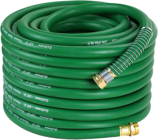 Guitrees 100FT 5/8 Heavy Duty Rubber Garden Hose - 300psi Working, 1000psi Burst - Hot/Cold Water - Five-Layered Braiding for Durability - Versatile for Gardening, Agriculture, Construction(Green)