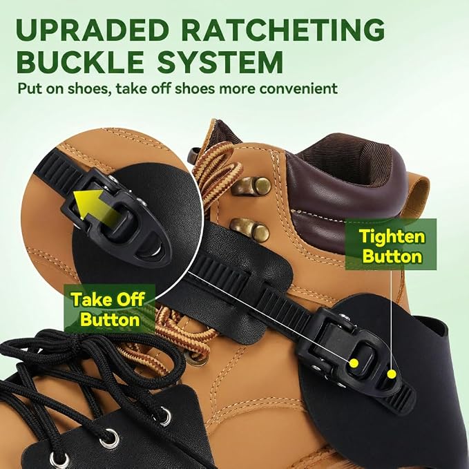 HFH Heavy Duty Lawn Aerator Shoes with Upgraded Ratcheting Buckles | Indestructible nylon soles with 1.75 in spikes. Quick-lock ratcheting buckles ensure an upgraded no-slip secure fit.