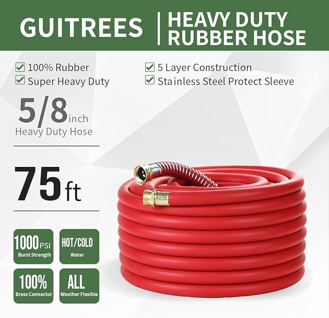 Guitrees 75FT 5/8 Heavy Duty Rubber Garden Hose - 300psi Working, 1000psi Burst - Hot/Cold Water - Five-Layered Braiding for Durability - Versatile for Gardening, Agriculture, Construction(Red)
