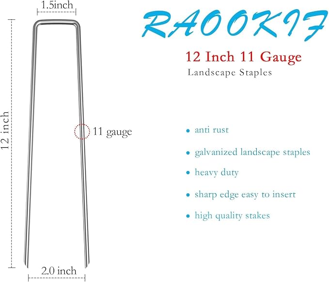 RAOOKIF 12 Inch Galvanized Garden Landscape Staples, 200Pcs Garden Metal Stakes, 11 Gauge Heavy Duty Ground Stakes for Decoration, Fence, Lawn, Fabric Pins