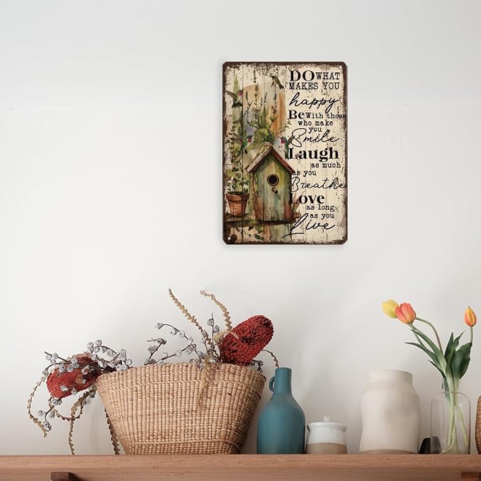 Floral Wall Art, Do What Makes You Happy Sign, Inspirational Metal Sign for Garden Yard Decor, Outdoor Balcony Decor, Gardener Gift, Vintage Metal Tin Signs 11.8 * 7.9inches
