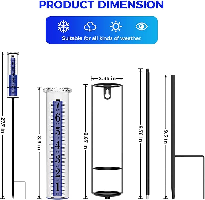 Upgraded Rain Gauge, Really Freeze Proof Rain Gauge Outdoor Best Rated, Large Clear Numbers Rain Gauges for Yard with Stake, Adjustable Height Rain Measuring Tool for Garden, Lawn, Easy to Use