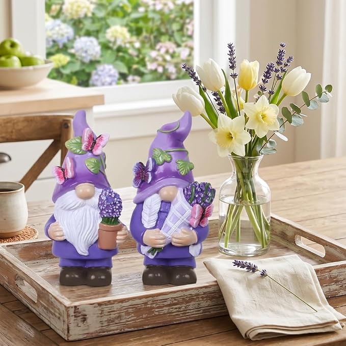 MEETYAMOR Lavender Gnomes Figurines, Set of 2 Purple Resin Gnomes with Butterfly Lavender for Spring Decor, Summer Gnome Garden Decor for Home Indoor Outdoor Table Mantle Decorations