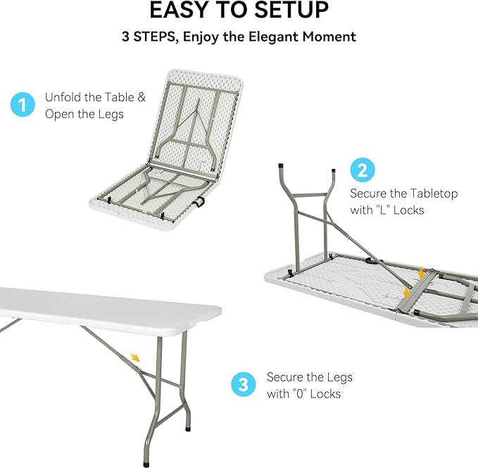 6 Foot Foldable Table with Built in Handle & Steel Legs,Heavy Duty Portable,Perfect for Party, Dining, Wedding, Events, Picnic Indoor, Outdoor, Camping, Utility, Folding(white-1pac)