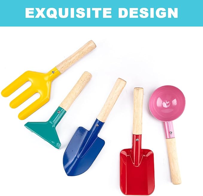 Beach Toys,5 Pcs Children Beach Sandbox Toys,8'' Kids Gardening Set Metal Garden Tools with Sturdy Wooden Handle,Safe Kids Shovel with Spoon, Fork, Rake, Flat Shovel & Pointed Shovel