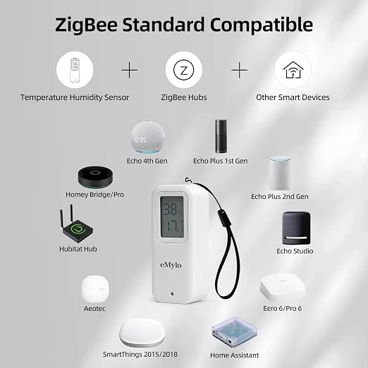 eMylo Zigbee Temperature Humidity Sensor, IP65 Waterproof Smart Indoor Outdoor Thermometer Hygrometer, Compatible with Echo, SmartThings, Home Assistant, Tuya, Hub Required for Home Automation
