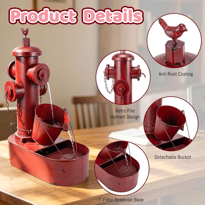 Water Fountain Outdoor, 27" Vintage Waterfall Fountain Red Fire Hydrant, Rustic Metal Outdoor Water Fountain with Tilted Bucket for Garden Patio Yard Deck Decor