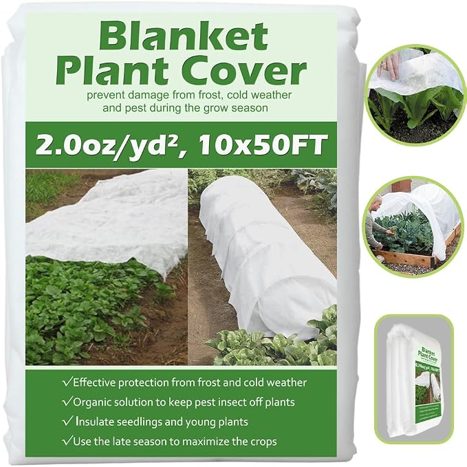 Plant Covers Freeze Protection 10 ft x 50 ft Floating Row Cover 2.0oz/yd² Garden Fabric Plant Cover for Winter Frost/Sun Pest Protection (10FT X 50FT)