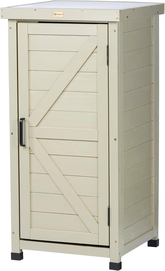 HABAU Outdoor Storage Cabinet, Potting Bench Table with Metal Tabletop & Shelves, Wooden Planting Workstation for Patio Garden, Weatherproof