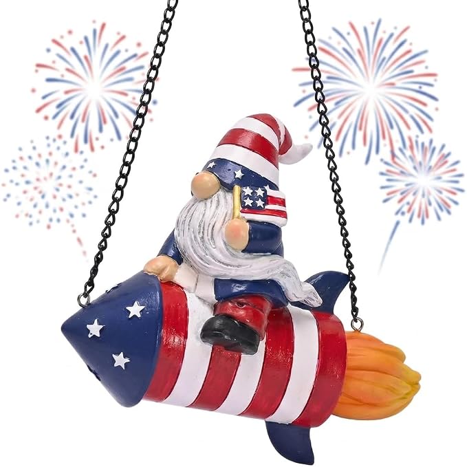 TERESA'S COLLECTIONS 4th of July Gnome Firework Decorations, Memorial Day Hanging Ornament for Home, USA 250th Anniversary Patriotic Resin Independence Day Gift for Women, Indoor Outdoor Wall Decor 8"