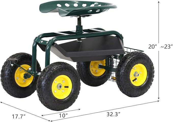 Garden Cart Rolling Work Seat Patio Wagon Scooter for Planting with Utility Tool Tray and Basket, Green