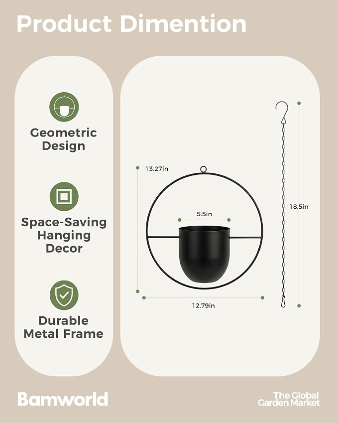 Bamworld Black Hanging Planters for Indoor Outdoor Plants Metal Hanging Pots for Plants 5.5 Inch Modern Hanging Basket Window Plant Hanger Ceiling Hanging Flower Pot with Chain for Wall Decor (Round)