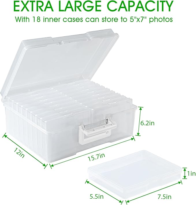 Photo Storage Box 5 x 7 Inches, 18 Inner Extra Large Photo Boxes with Dividers, Clear Acid-Free Photo Storage Containers with Handle, Photo Organizer Craft Keeper for Photo, Craft, Stamp