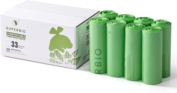 SUPERBIO 33 Gallon Compostable Yard Waste Bags, Lawn & Leaf Bags, Extra Thick 1.57 Mil (120 Count Bulk), BPI and OK compost INDUSTRIAL
