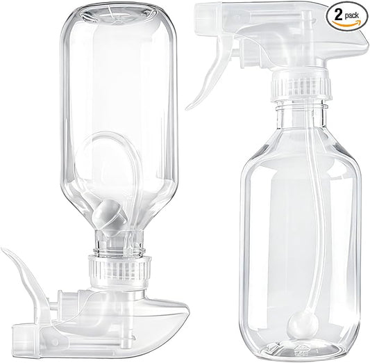 2 Pack 360° Spray Bottles, 10 oz Plastic Small Containers with Adjustable Spray Nozzles, Spray Bottles for Hair, Cleaning Solutions, BBQ and Plants Clear