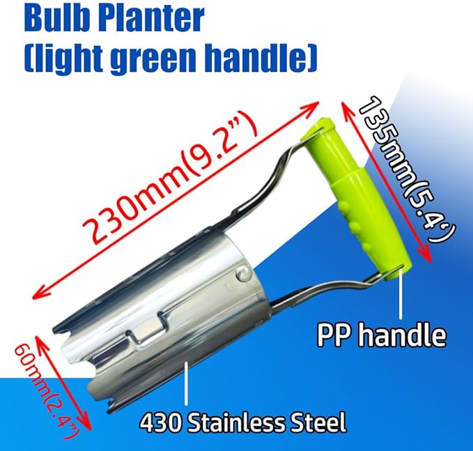 Bulb Planter+Seed Dibber, Light Green PP Handle, 430 Stainless Steel, Bulb Planter Tool Length 230mm(9.2"), Dibbler Gardening Tool 11.2", Easy Drilling/Transplanting/Planting