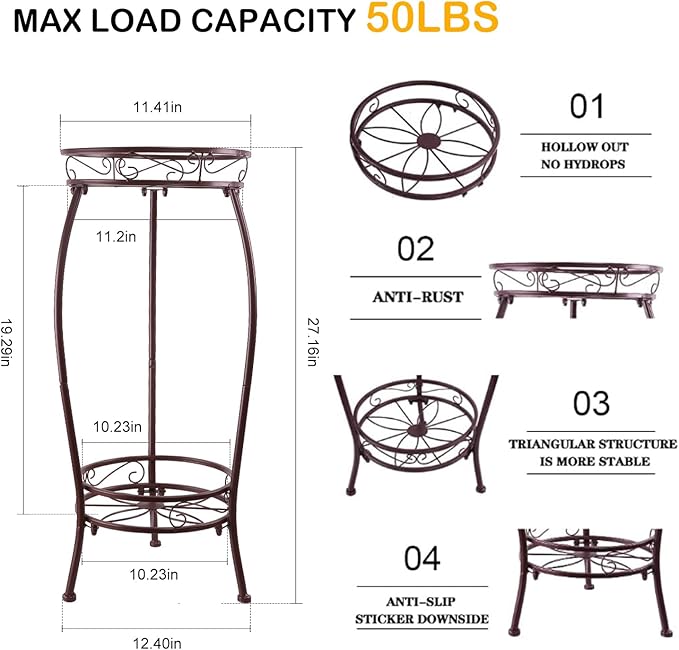 2 Pack 27.1" Plant Stands Indoor Outdoor – 2-Tier Metal Flower Pot Holders, Heavy Duty Rustproof Plant Shelf with Round Supports for Garden, Patio, Balcony, Corner Planters