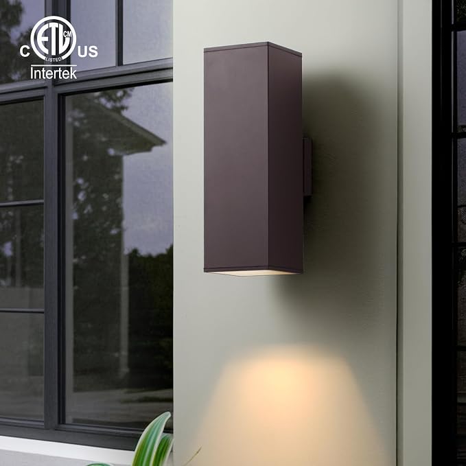 mirrea 18" Modern Outdoor Porch Light Patio Light in 2 Lights with Aluminum Rectangular Tube and Tempered Glass Cover Waterproof Wall Sconce 2 Pack (Oil Rubbed Bronze)