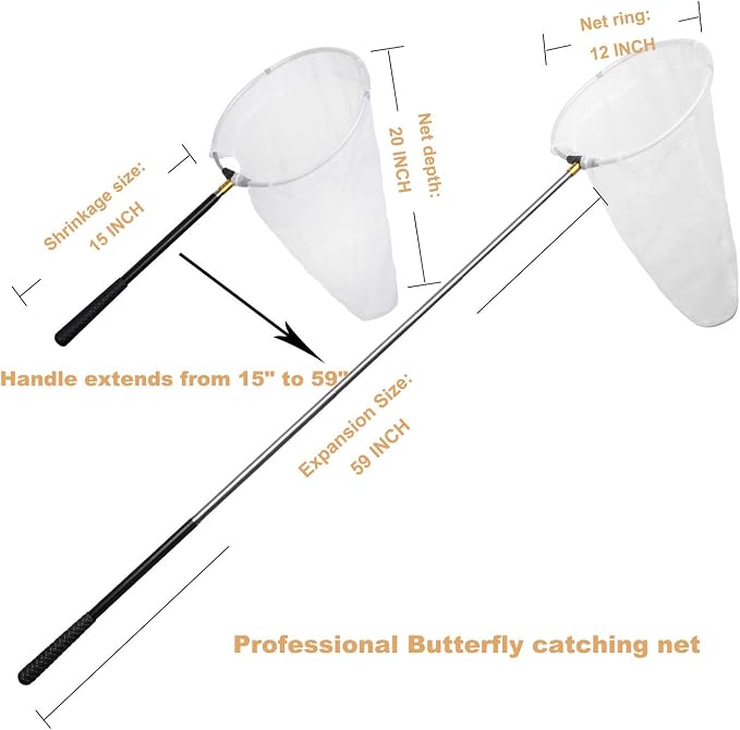 Insect and Butterfly Net with 12" Ring, Net Handle Extends to 59 Inches for Adults & Kids