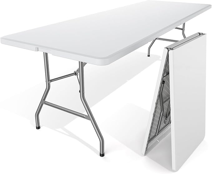 NEWBULIG 8 FT Foldable Table Easy to Fold and Store, Folding Picnic Table for Picnic Camping Kitchen Dining Party Outdoor Indoor with Carrying Handle, White
