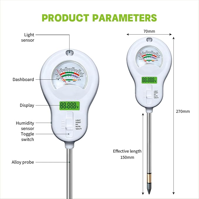 6-in-1 Soil Moisture Meter Soil PH/Soil Moisture/Plant Temperature/Humidity and Sunlight, Soil Test Meter, Agriculture Tools for Garden, Lawn, Plant Care, Farm and Indoor Outdoor Plants