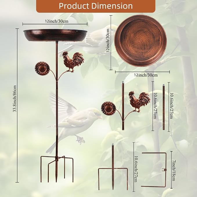 dreamysoul Bird Baths for Outside, 12 Inches Dia Bird Bath Feeder Bowl with Sun and Rooster Decor, Freestanding Metal Birdbath for Outdoors Garden Patio Yard Lawn