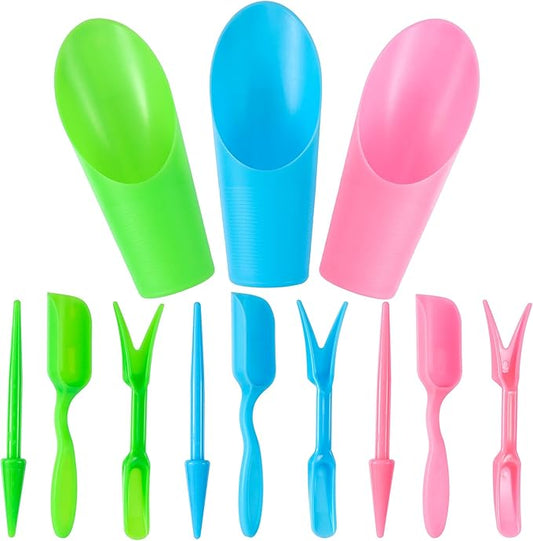 HINZIC 12pcs Garden Shovel Hand Tools Transplanting Succulent Cultivation Digging Scoops Kits Plastic for Flower Planting Bonsai Potting Soil Indoor(Pink Blue Green)
