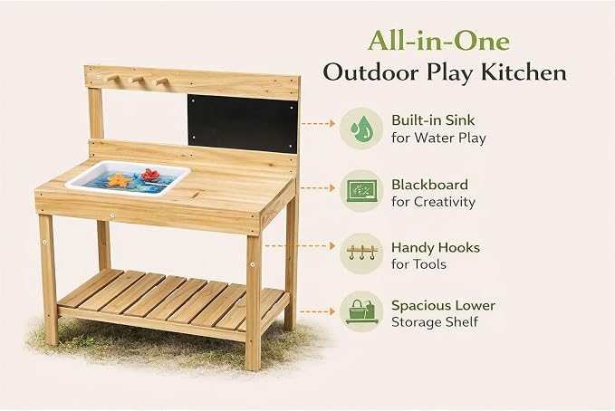 Kids Wooden Potting Bench with Chalkboard, Removable Basin, Storage Shelf and Hooks, Outdoor Garden Work Table,Educational Gardening Tools (Wood)
