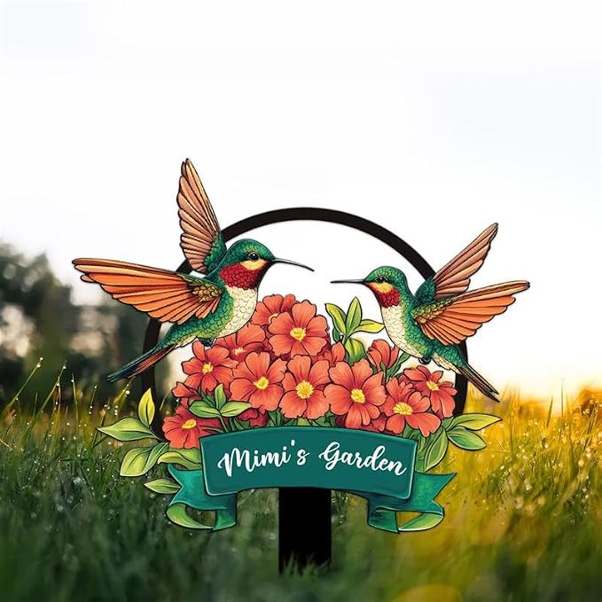 Personalized Metal Yard Sign for Mother's Day, Bird & Flower Design, Gift for Garden Lovers, Metal Sign, Garden Decor (Hummingbird)