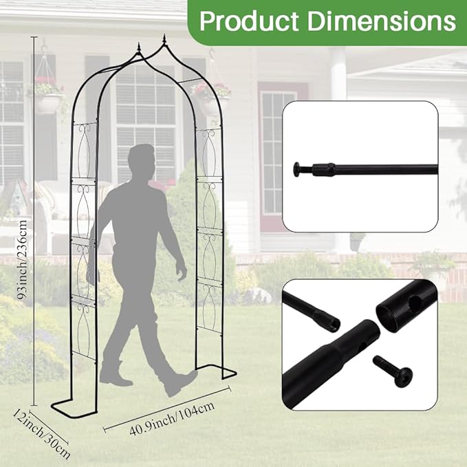 93" Metal Garden Arbor Arch Trellis for Climbing Plants, Outdoor Indoor | Heavy Duty Thickened Metal Arbors with Base for Stability Rustproof Coating Wedding Ceremony Party Archway Grape Vine Support