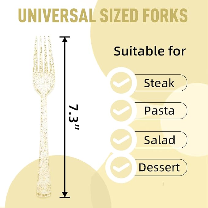 50 Pcs Gold Glitter Plastic Forks Gold Plastic Silverware Heavy Duty Cutlery Set Disposable Flatware Dinnerware for Brithday, Wedding, Baby Shower, Family Gathering