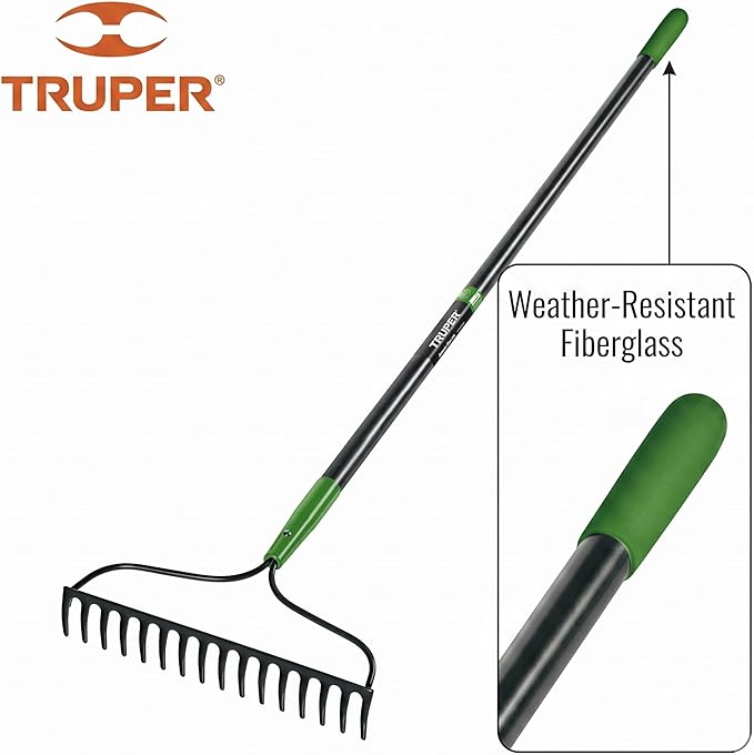 Truper Tru Tough 16-Tine Welded Bow Rake, 60-Inch Fiberglass Handle with Comfort Grip, Heavy-Duty Landscaping and Soil Leveling Tool (Model 32404 / R-16AM-FV)