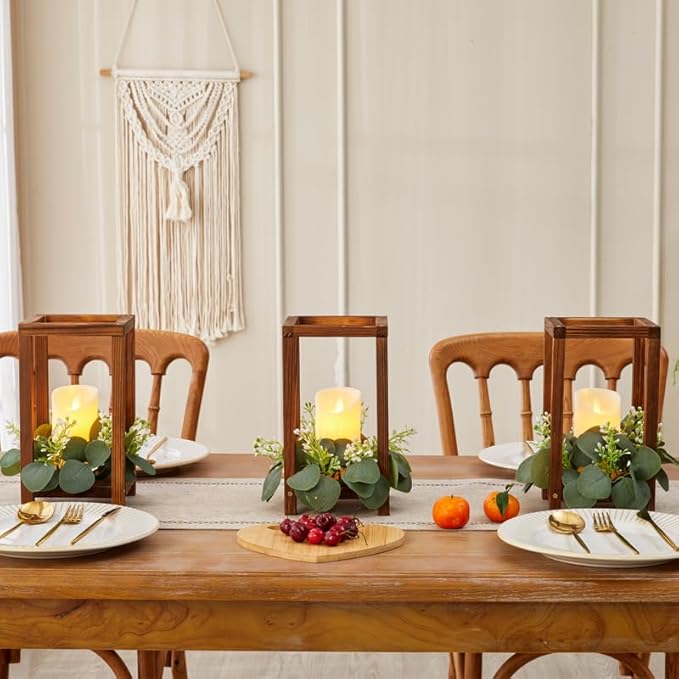 8 Set/24 Pcs Wooden Wedding Lantern Centerpiece Include 8 Wooden Lantern Candle Holder 8 Flameless LED Candle 8 Eucalyptus Leaves Wreath for Centerpieces Wedding Table Party Farmhouse Decor
