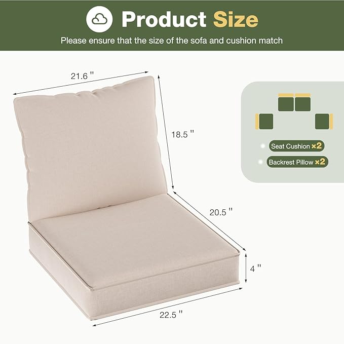 Aoxun Replacement Cushions for Outdoor Furniture, 4-Piece Outdoor Cushions for Patio Furniture, Deep Seat, Waterproof & Fade Resistant Couch Cushion for 4-Seat Patio Conversation Sets, Beige