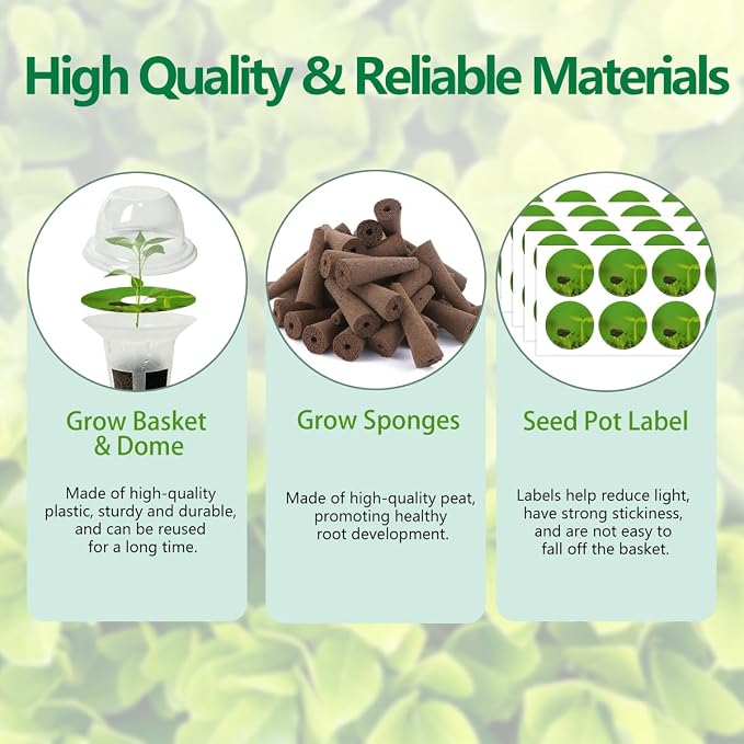 107pcs Seed Pod Kit for Aerogarden, Hydroponics Garden Accessories for System Compatible with Hydroponics Supplies from All Brands, 32 Grow Sponges, 12 Plant Baskets & Domes, 50 Pod Labels, 1 Tweezer