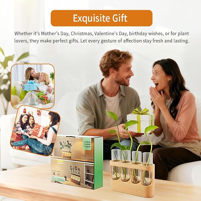 Rechargeable Plant Propagation Station with Wooden Stand,Desktop Terrarium Home Decor Dimmable LED Light 4 Glass Tubes Vases for Hydroponic Plants for Women