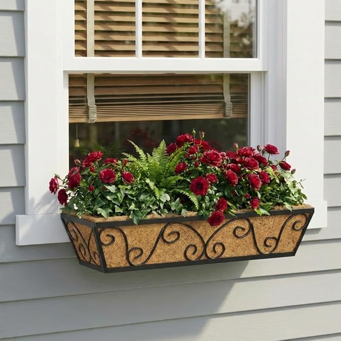 Y&M Railing Planter Boxes 24 Inch 2 Pack, Window Box Planters for Outdoor Plants, Adjustable Hanging Balcony Planters with Coco Liner for Railing, Deck, Porch