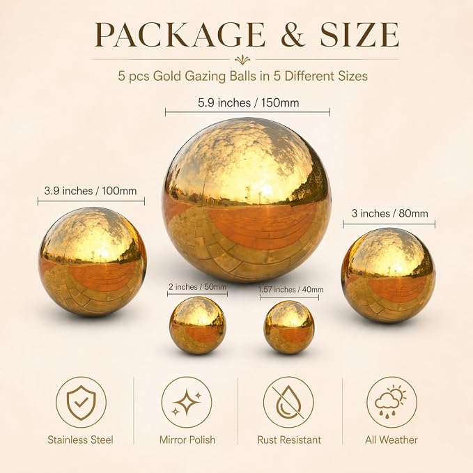 Nerien Gazing Ball, Stainless Steel Garden Mirror Globe, Polished Ornament Sphere, Hollow Floating Reflective Hemisphere, for Home Outdoor Pond Housewarming Swimming Pool Decoration, Gold, 5Pcs Mix