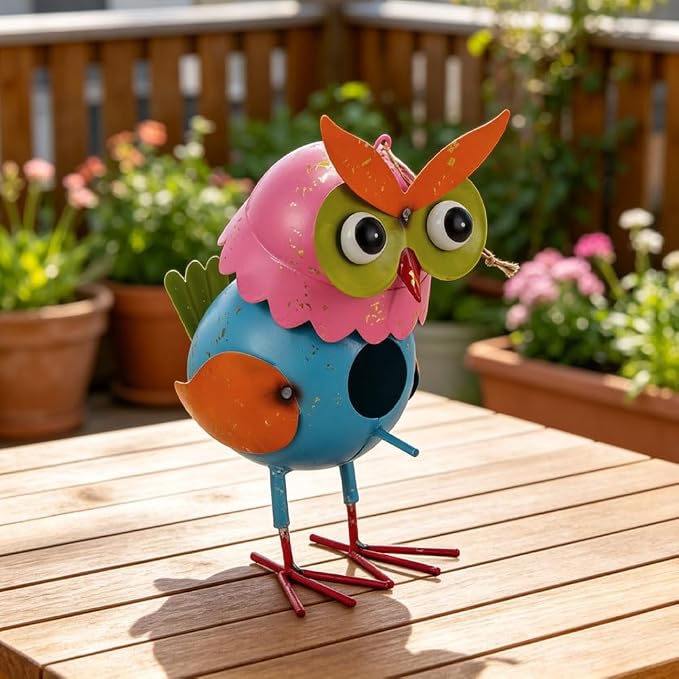 Metal Owl Garden Statues Yard Art Animal Figurines Hanging Birdhouse Outdoor Decor Lawn Ornaments Decorative Bird House for Outside
