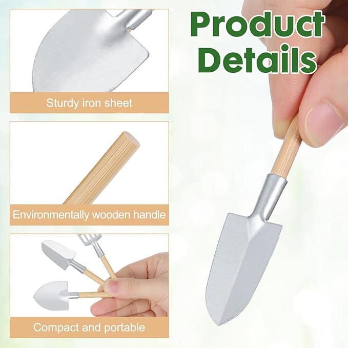 10-Pack Miniature Garden Tool Set, 3-Inch Mini Shovel Fairy Garden Accessories, Rustic Metal & Wood Tiny Tools for Dollhouse, Terrarium, Planter Decor, Zen Set