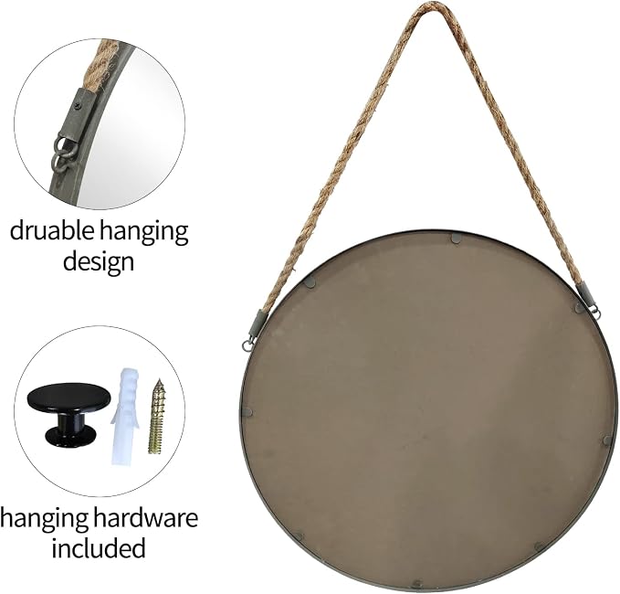 POZINO Round Hanging Mirror, 20 Inch Circle Wall Mirror with Rope, Grey Metal Frame Farmhouse Decorative Mirrors for Entryway, Living Room, Fireplace, Bedroom, Bathroom
