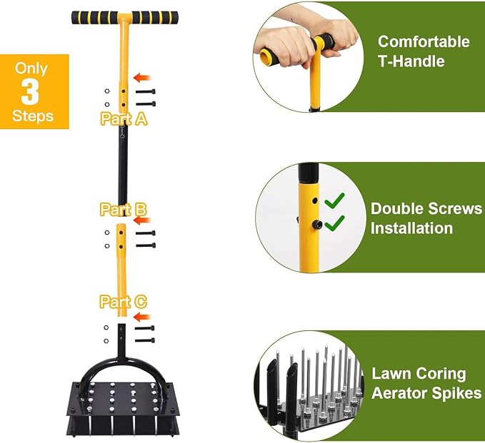 Lawn Aerator Tool, Lawn with 16 Iron Spikes, Automatic Leaf and Dirt Cleaning with Spring-Loaded Design, Metal Manual Aerator for Loosening Soil Aerating Patio, Yard, Garden Black