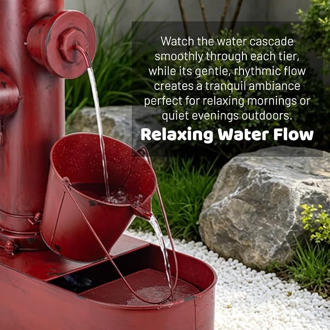Water Fountain Outdoor, 27" Vintage Waterfall Fountain Red Fire Hydrant, Rustic Metal Outdoor Water Fountain with Tilted Bucket for Garden Patio Yard Deck Decor